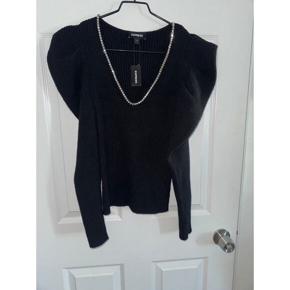NWT EXPRESS | Black Knit Puff Sleeve Rhinestone holiday cocktail Sweater - Picture 3 of 6